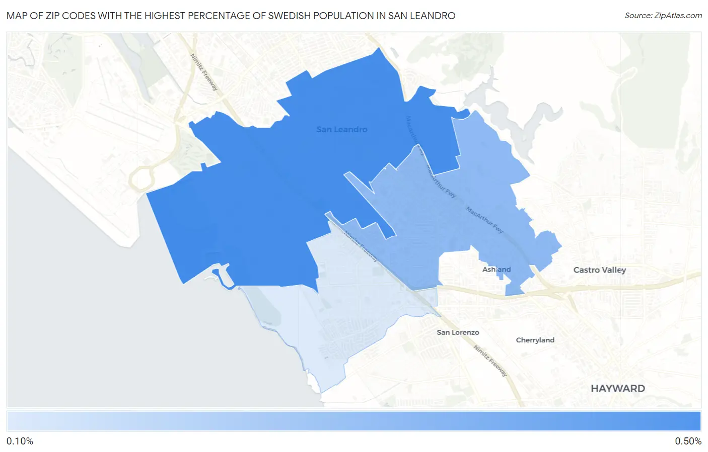 Zip Codes with the Highest Percentage of Swedish Population in San Leandro Map