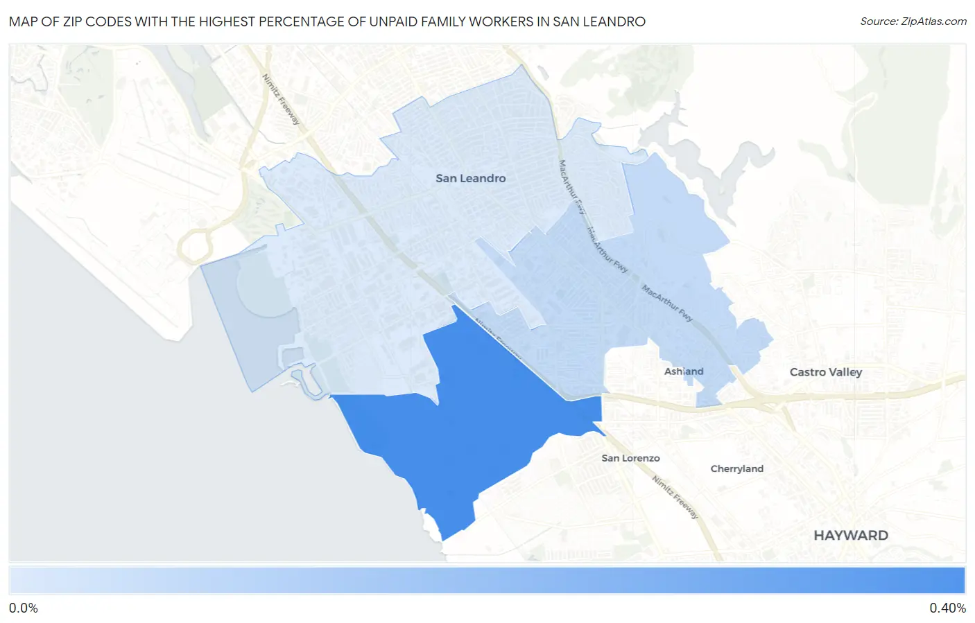 Zip Codes with the Highest Percentage of Unpaid Family Workers in San Leandro Map
