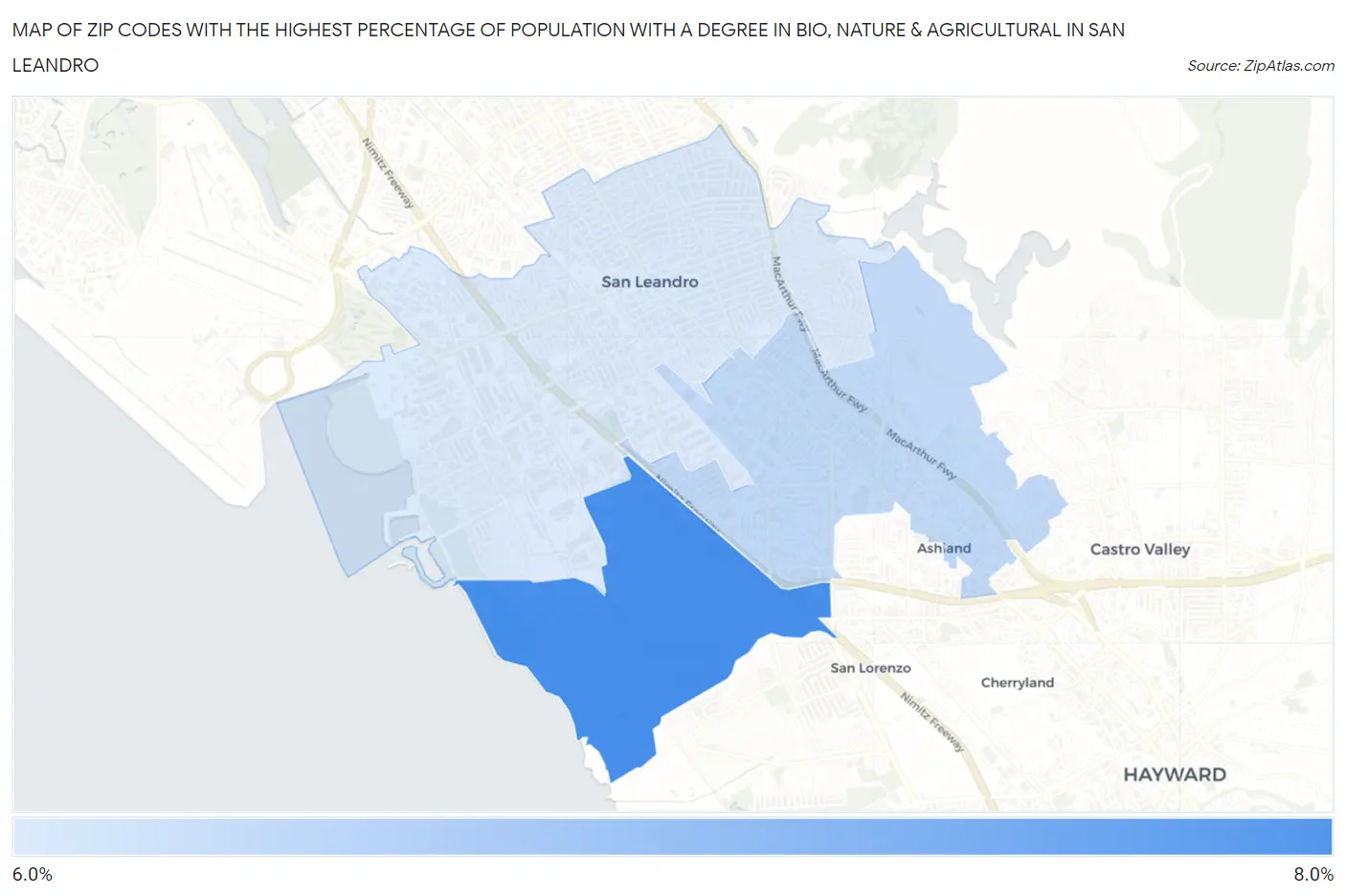 Zip Codes with the Highest Percentage of Population with a Degree in Bio, Nature & Agricultural in San Leandro Map