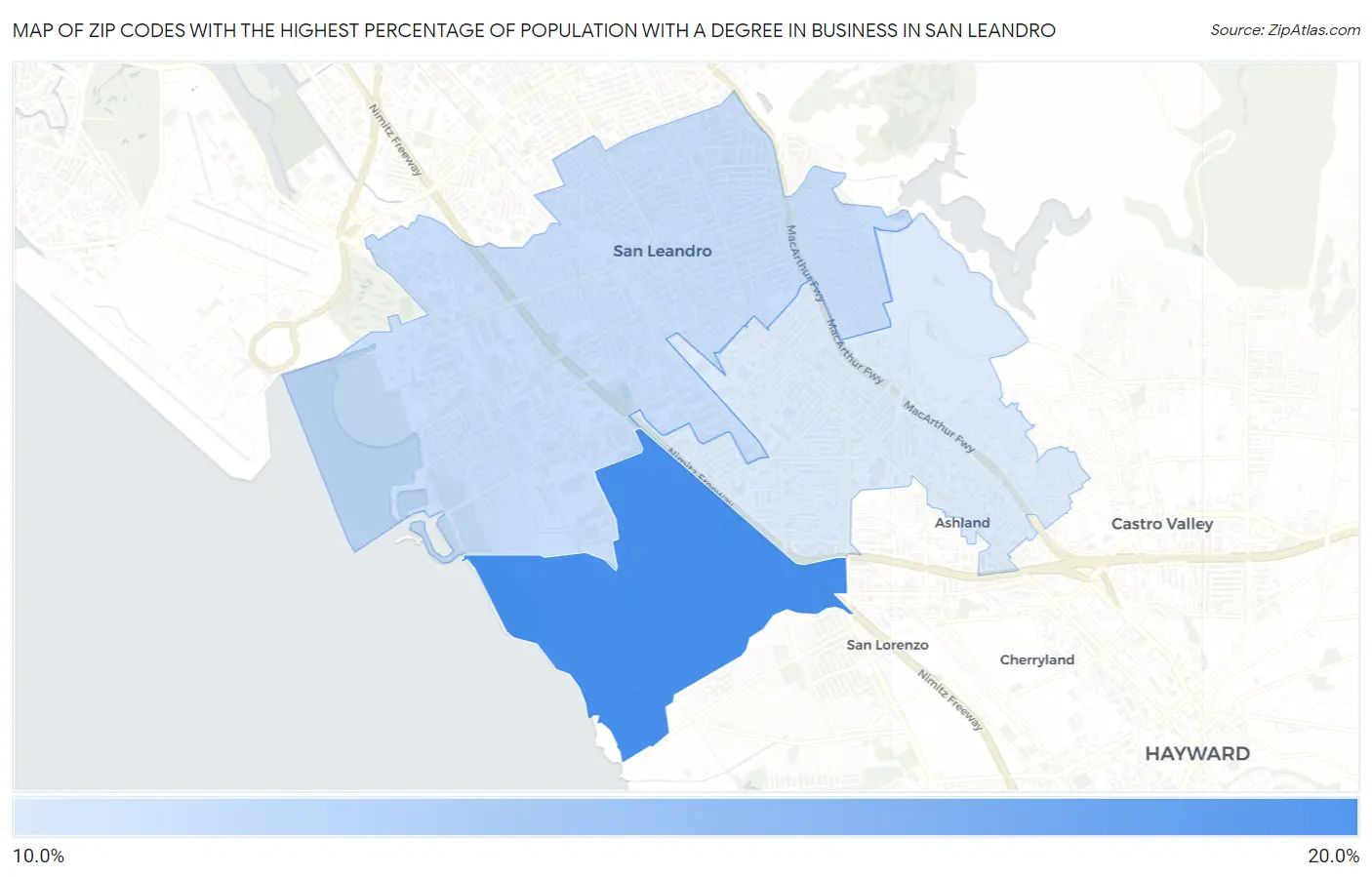 Zip Codes with the Highest Percentage of Population with a Degree in Business in San Leandro Map