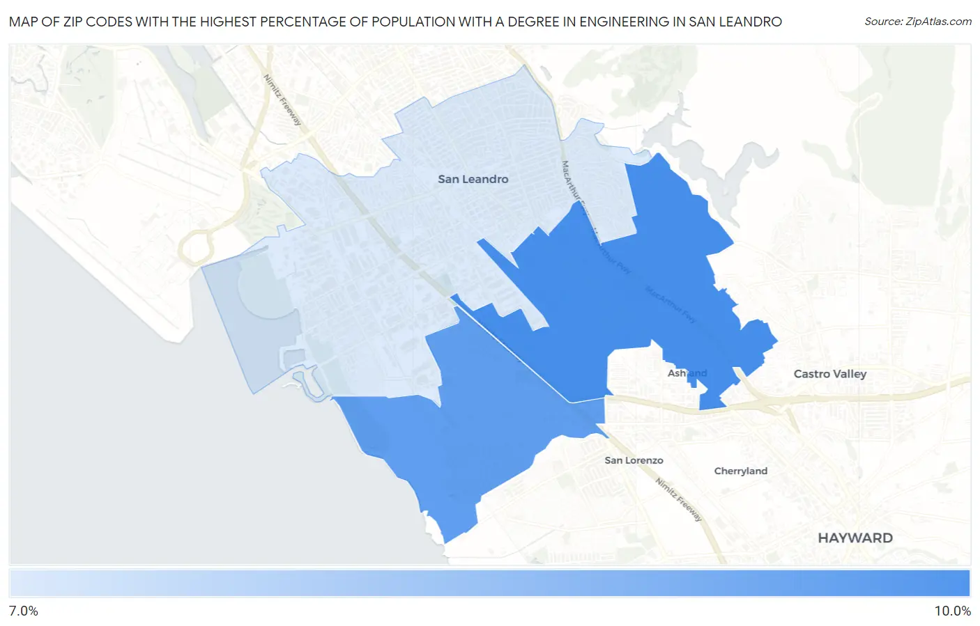 Zip Codes with the Highest Percentage of Population with a Degree in Engineering in San Leandro Map
