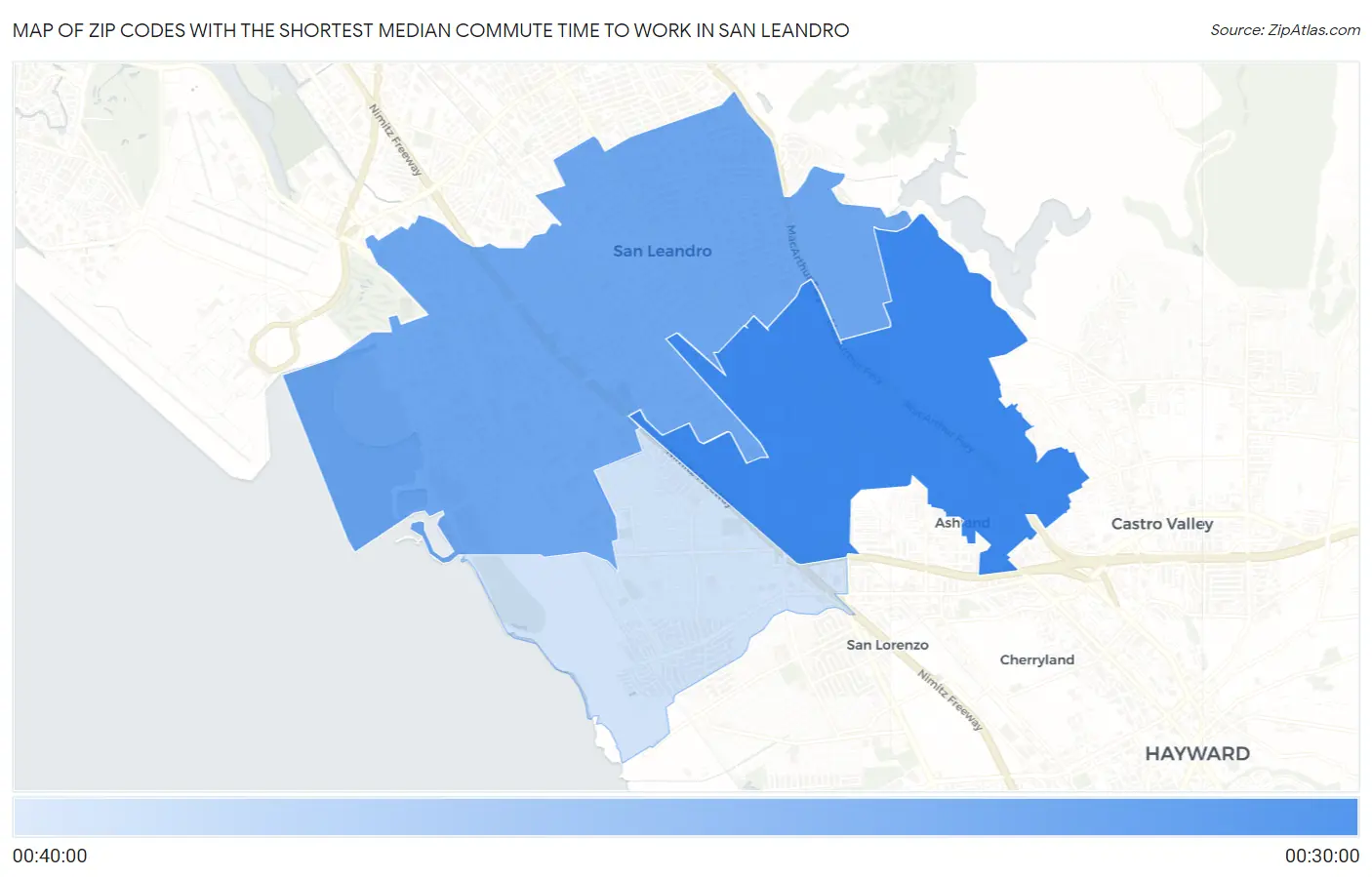 Zip Codes with the Shortest Median Commute Time to Work in San Leandro Map