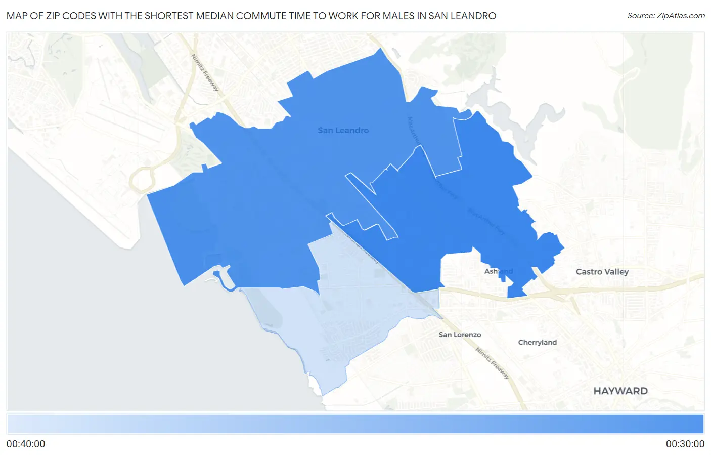 Zip Codes with the Shortest Median Commute Time to Work for Males in San Leandro Map