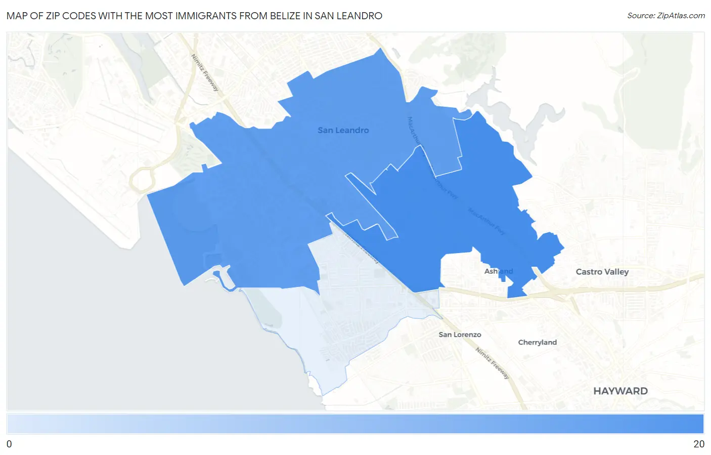 Zip Codes with the Most Immigrants from Belize in San Leandro Map