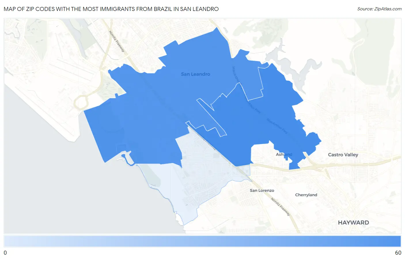 Zip Codes with the Most Immigrants from Brazil in San Leandro Map