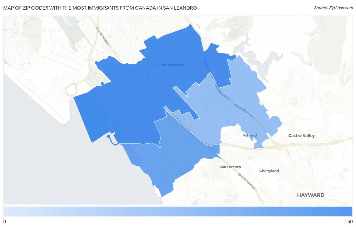 Zip Codes with the Most Immigrants from Canada in San Leandro Map