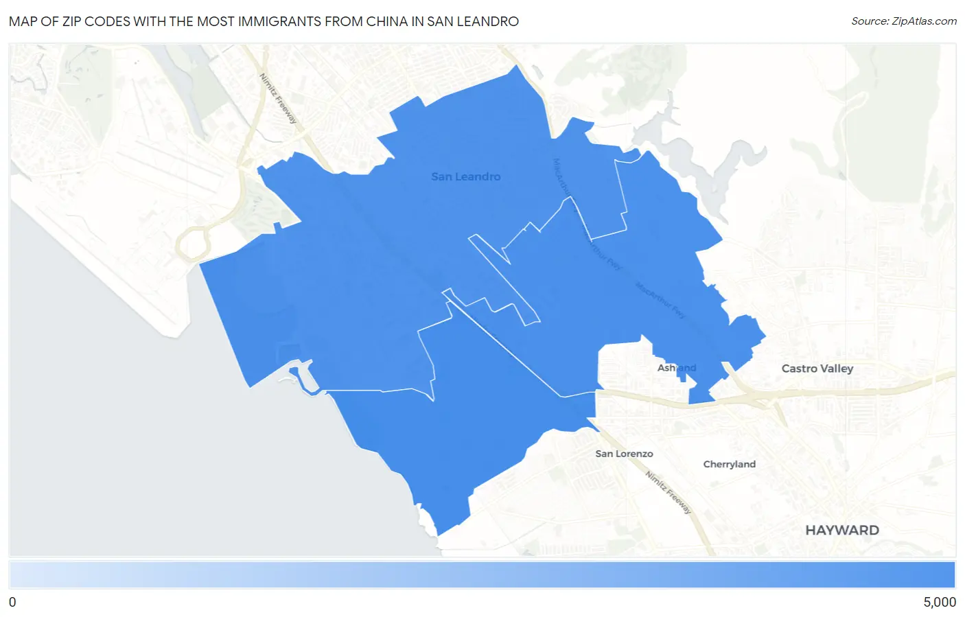 Zip Codes with the Most Immigrants from China in San Leandro Map