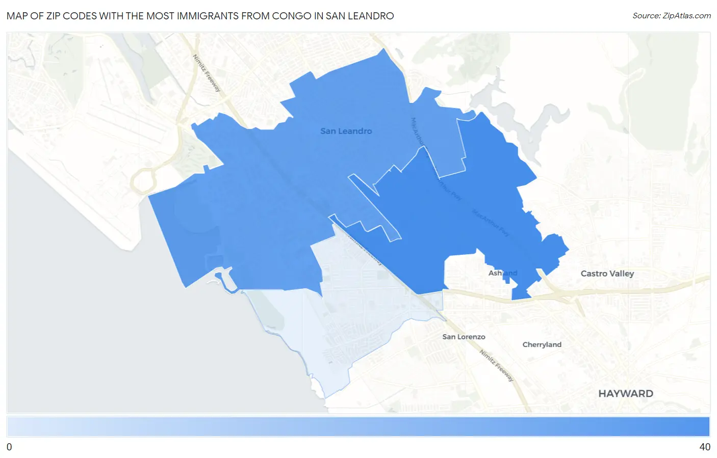 Zip Codes with the Most Immigrants from Congo in San Leandro Map