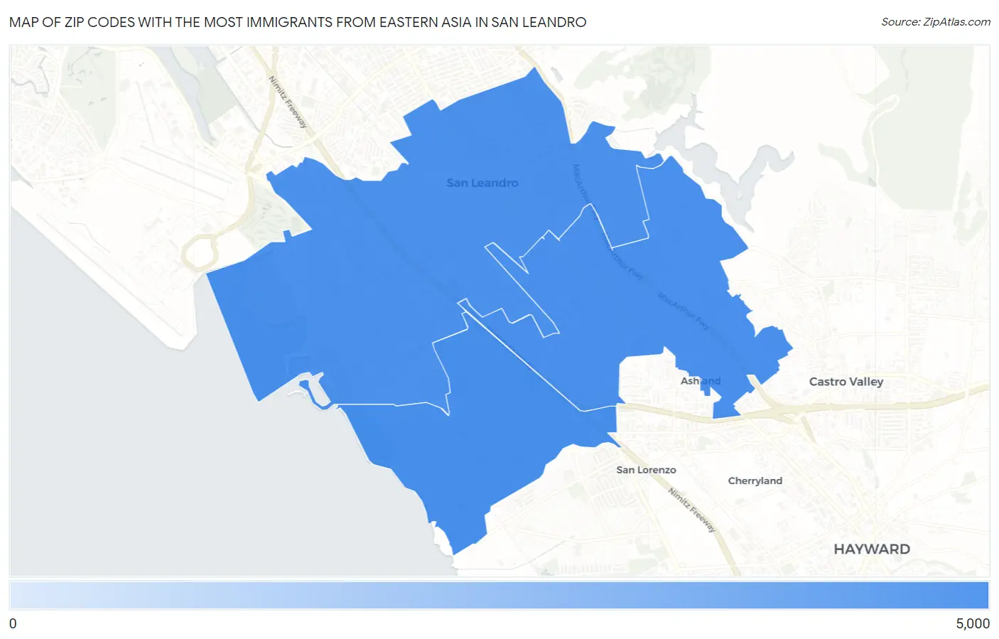 Zip Codes with the Most Immigrants from Eastern Asia in San Leandro Map