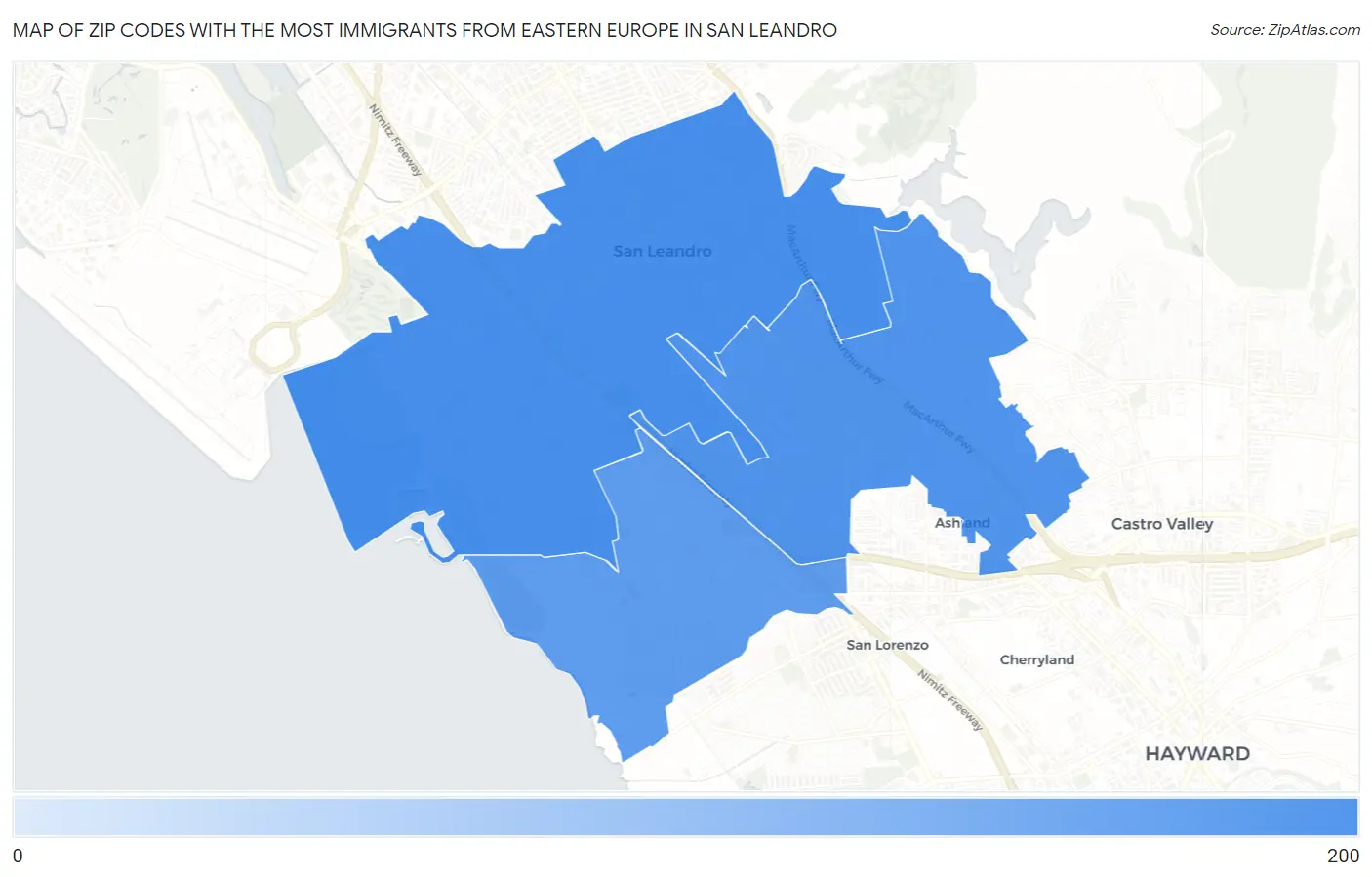 Zip Codes with the Most Immigrants from Eastern Europe in San Leandro Map