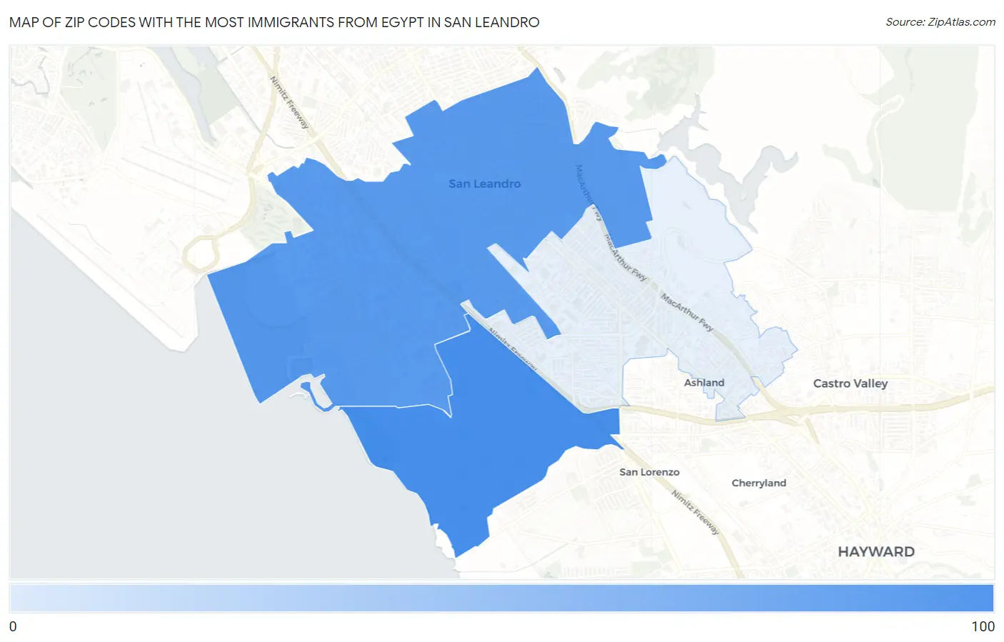 Zip Codes with the Most Immigrants from Egypt in San Leandro Map