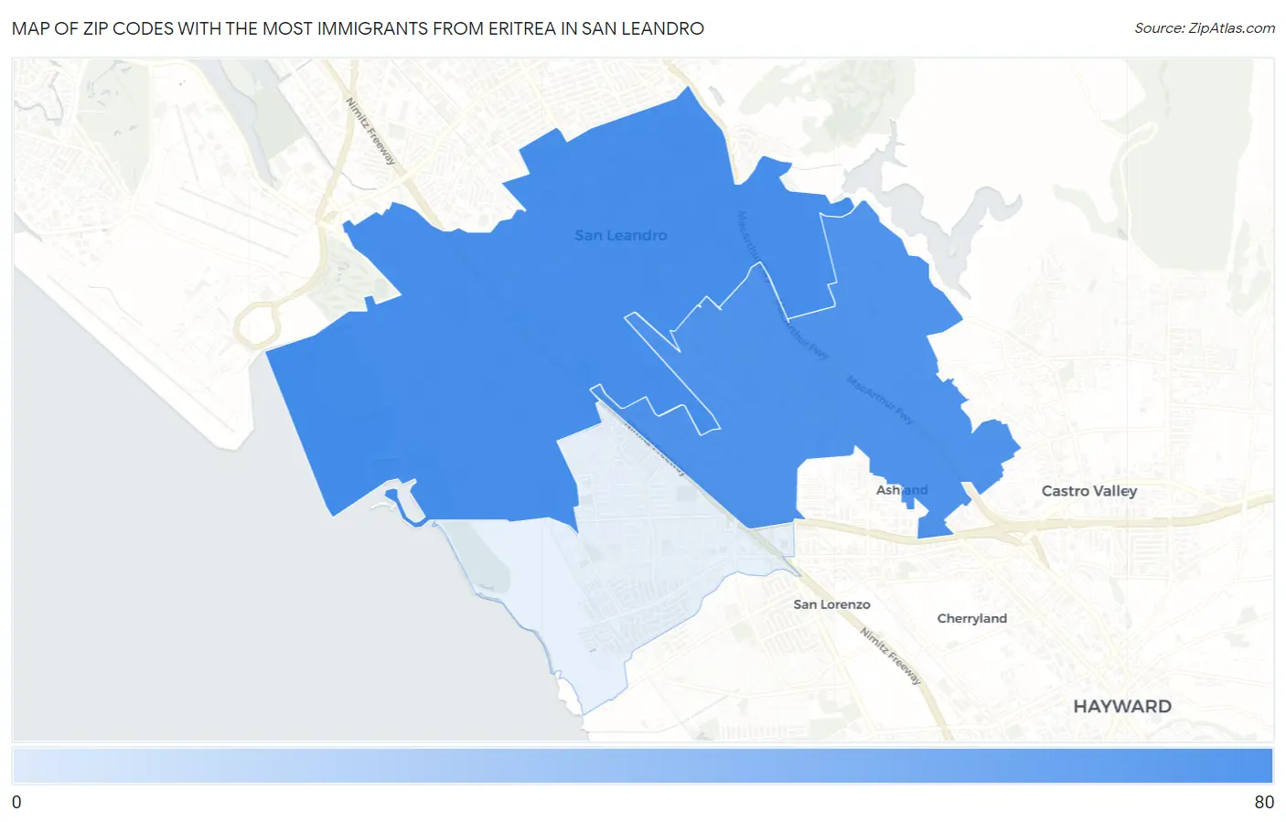 Zip Codes with the Most Immigrants from Eritrea in San Leandro Map