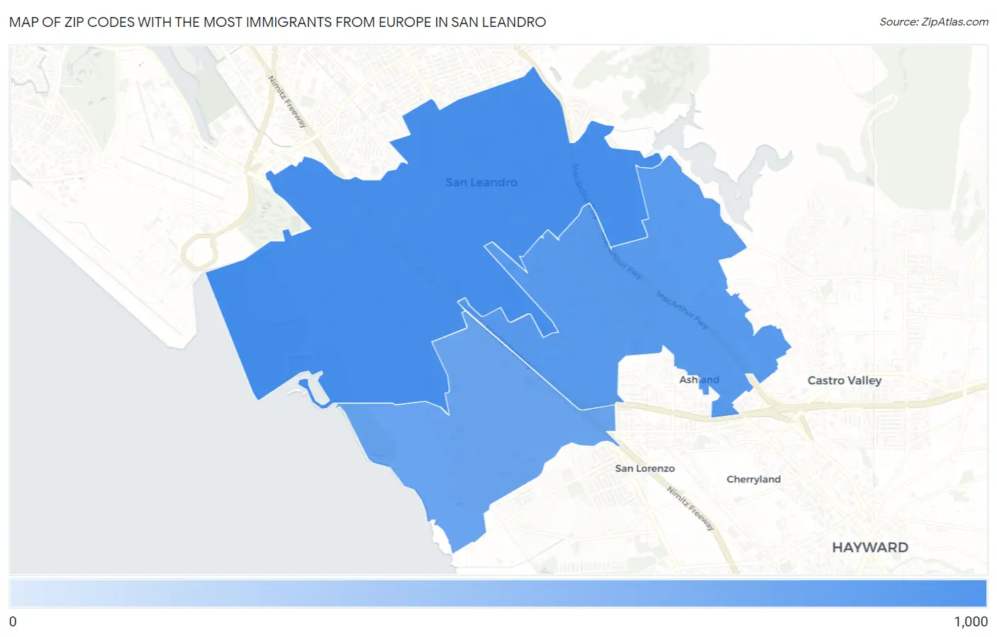 Zip Codes with the Most Immigrants from Europe in San Leandro Map