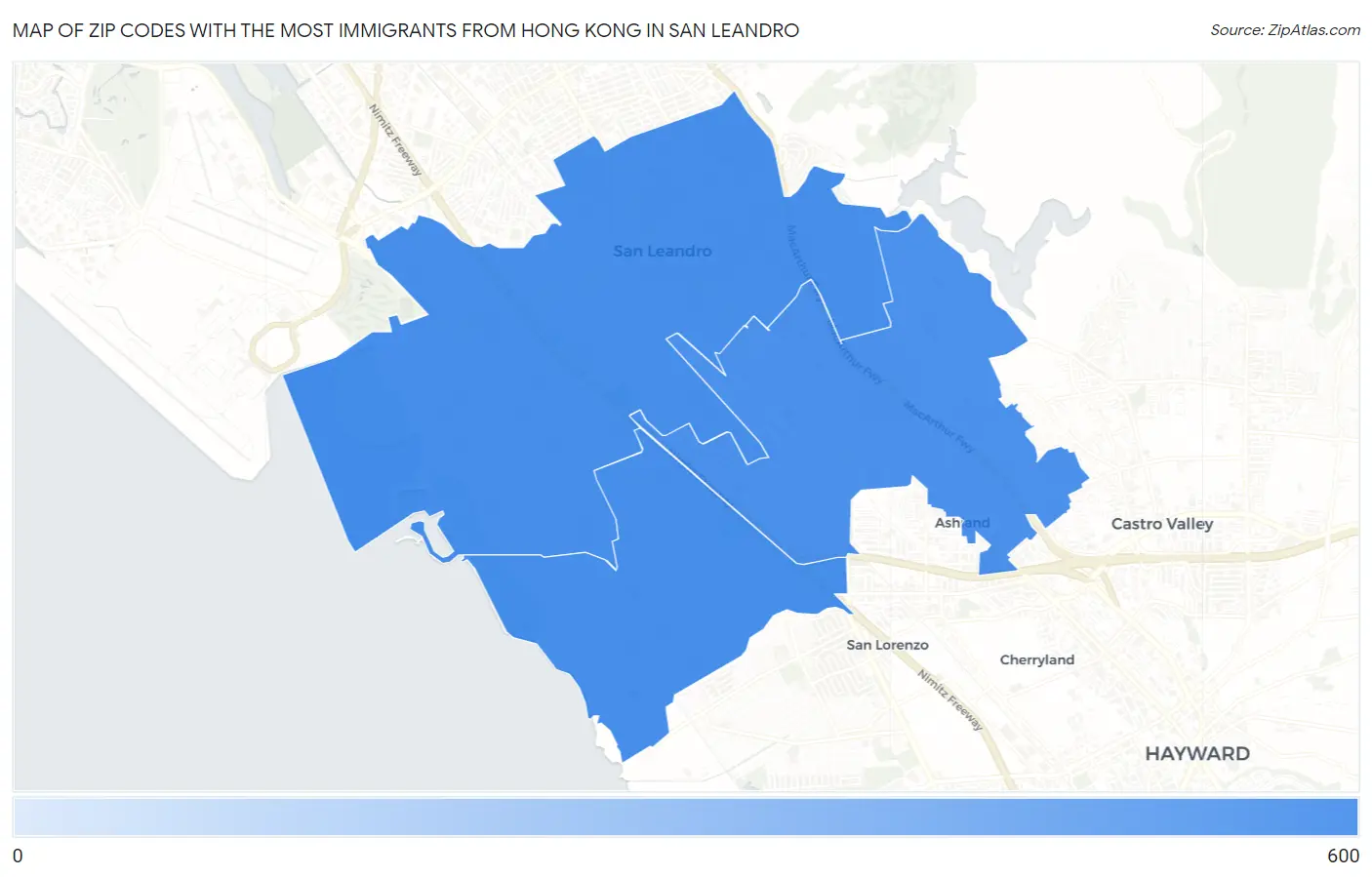 Zip Codes with the Most Immigrants from Hong Kong in San Leandro Map