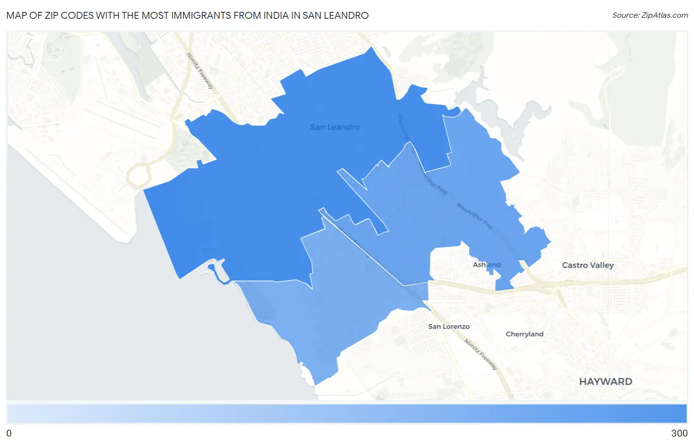 Zip Codes with the Most Immigrants from India in San Leandro Map