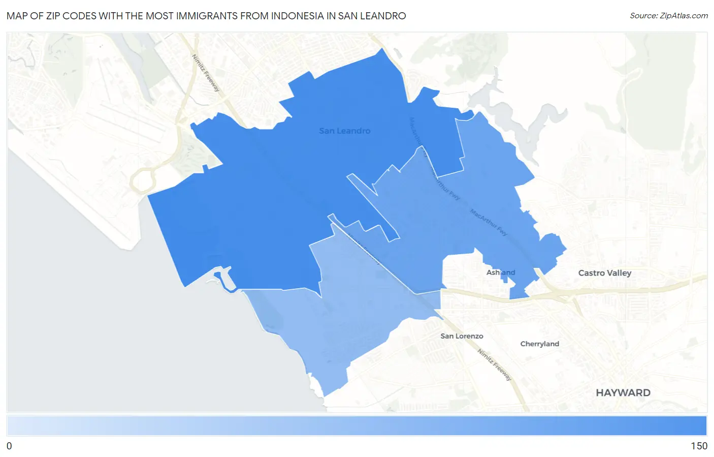 Zip Codes with the Most Immigrants from Indonesia in San Leandro Map