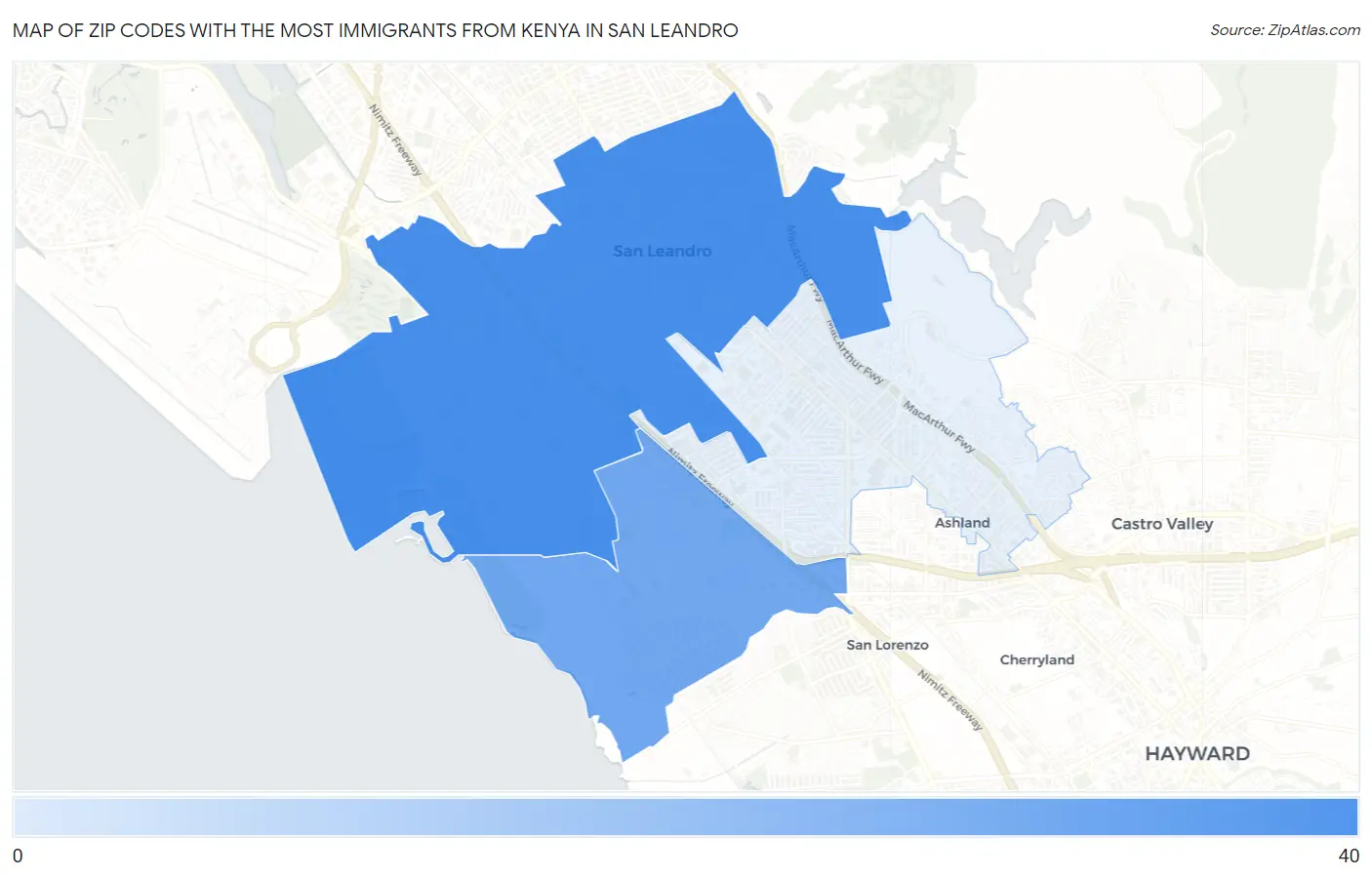 Zip Codes with the Most Immigrants from Kenya in San Leandro Map