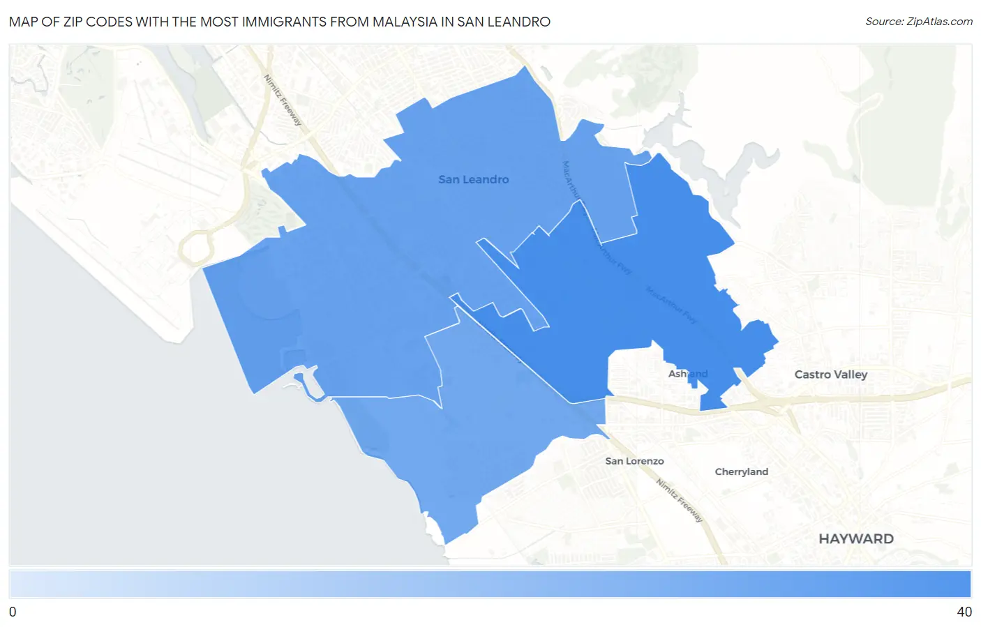Zip Codes with the Most Immigrants from Malaysia in San Leandro Map