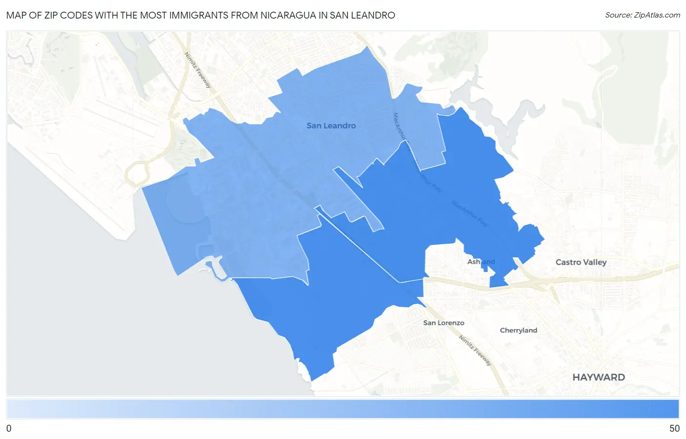 Zip Codes with the Most Immigrants from Nicaragua in San Leandro Map