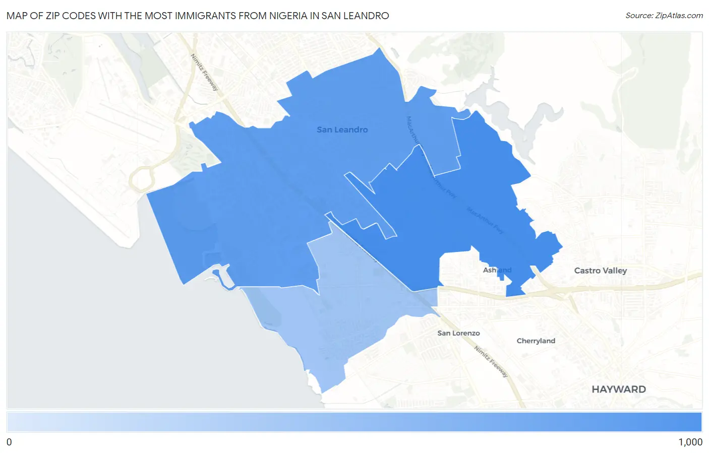 Zip Codes with the Most Immigrants from Nigeria in San Leandro Map