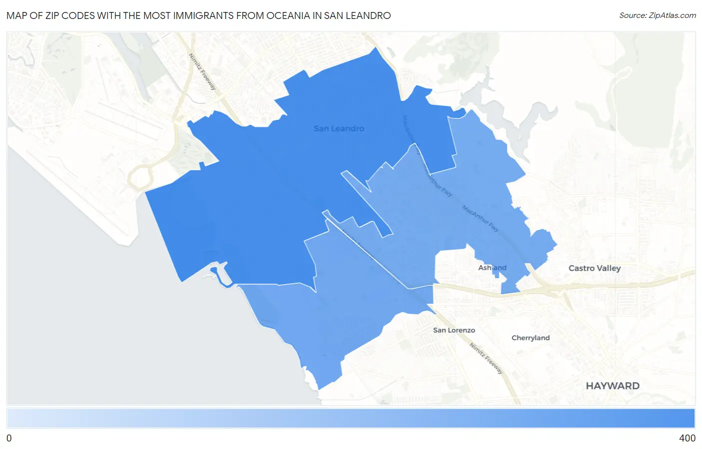 Zip Codes with the Most Immigrants from Oceania in San Leandro Map