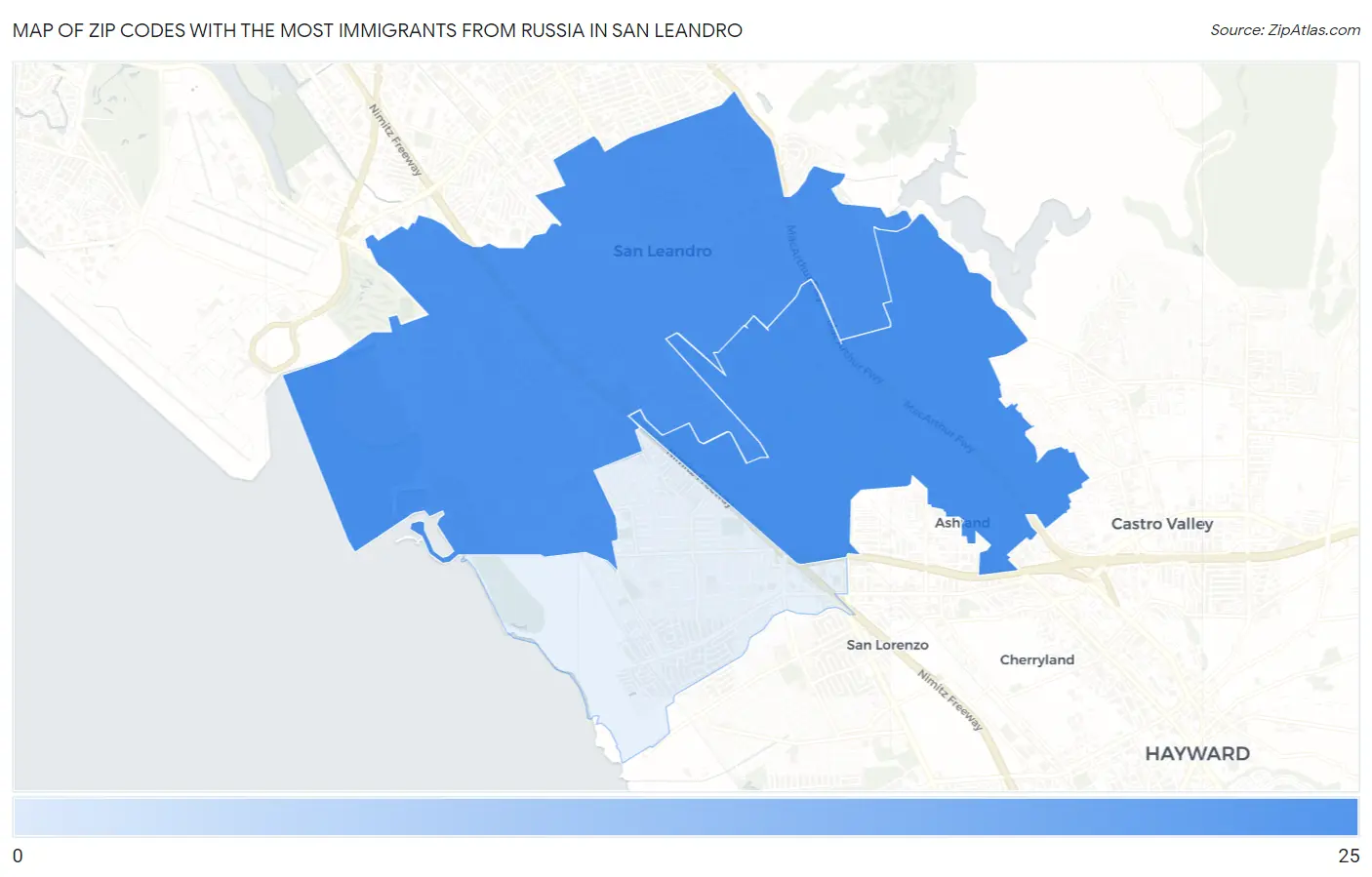 Zip Codes with the Most Immigrants from Russia in San Leandro Map