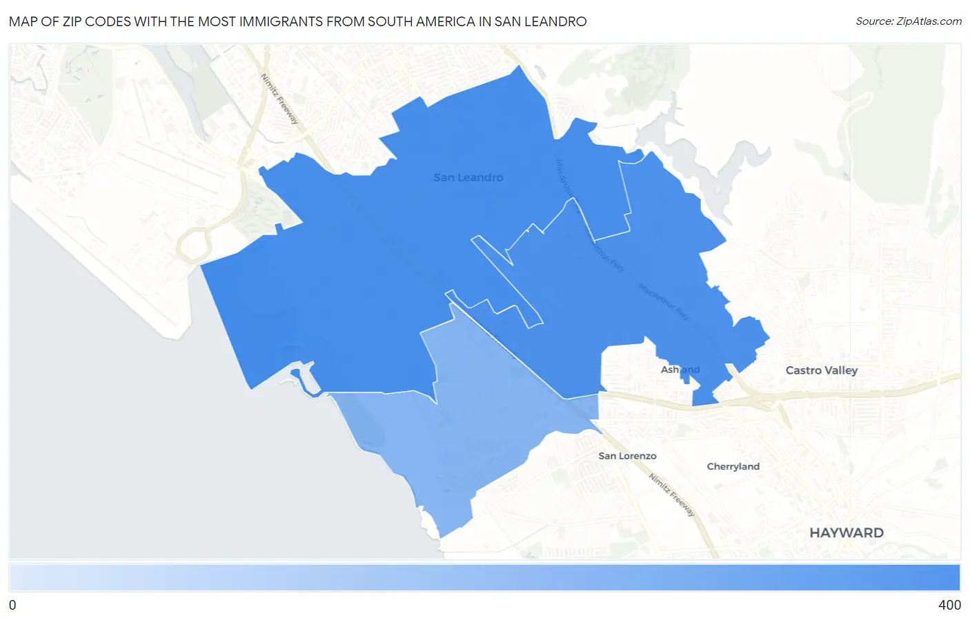Zip Codes with the Most Immigrants from South America in San Leandro Map