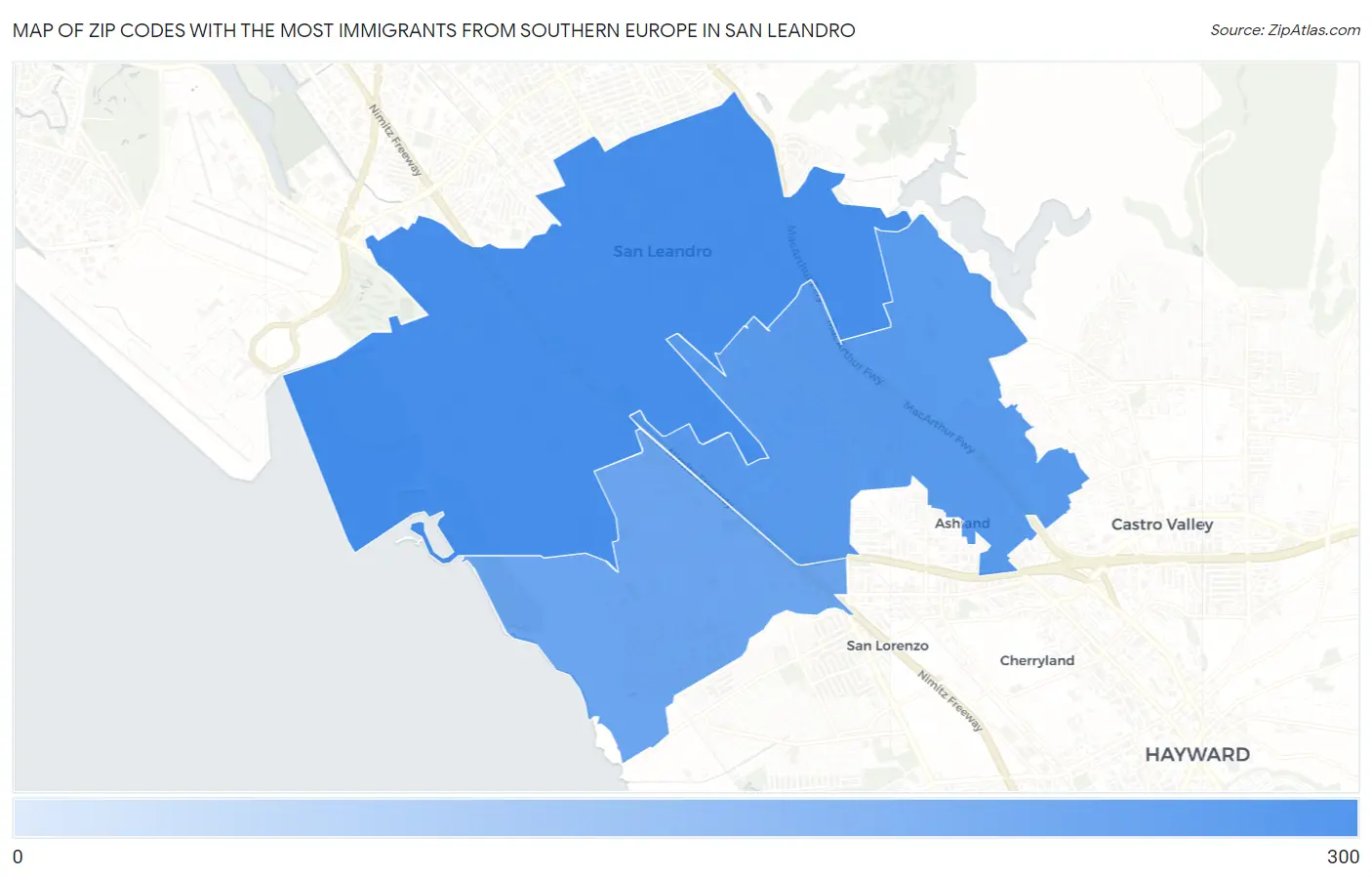 Zip Codes with the Most Immigrants from Southern Europe in San Leandro Map