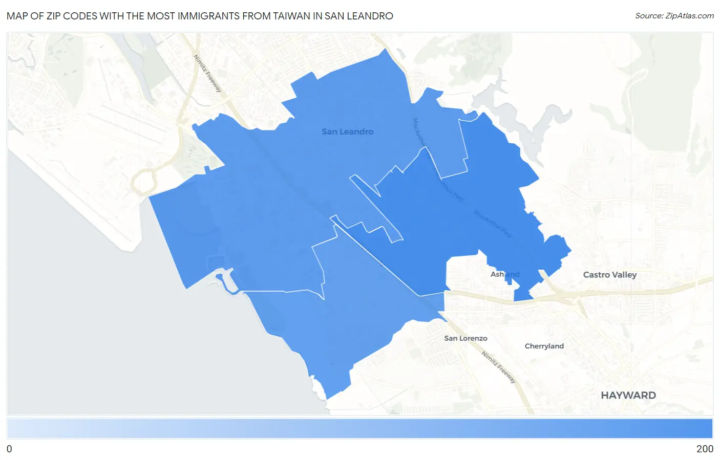 Zip Codes with the Most Immigrants from Taiwan in San Leandro Map