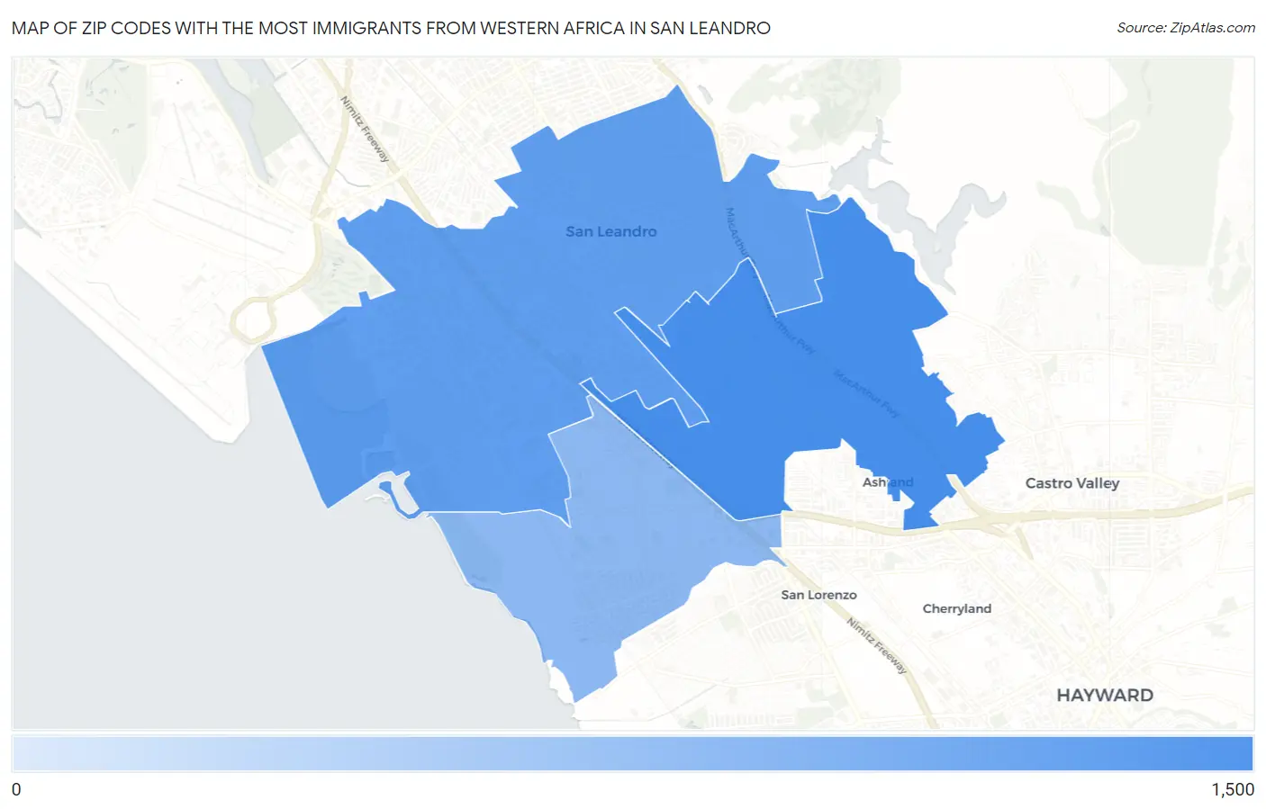 Zip Codes with the Most Immigrants from Western Africa in San Leandro Map