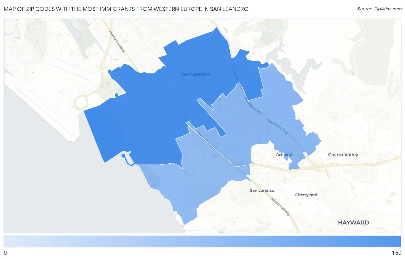Zip Codes with the Most Immigrants from Western Europe in San Leandro Map