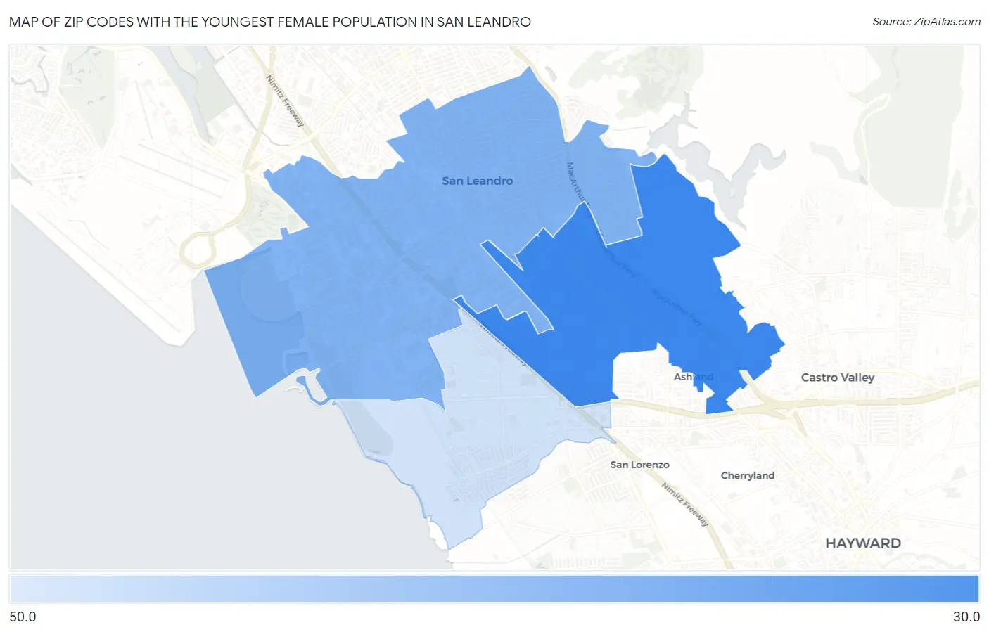 Zip Codes with the Youngest Female Population in San Leandro Map
