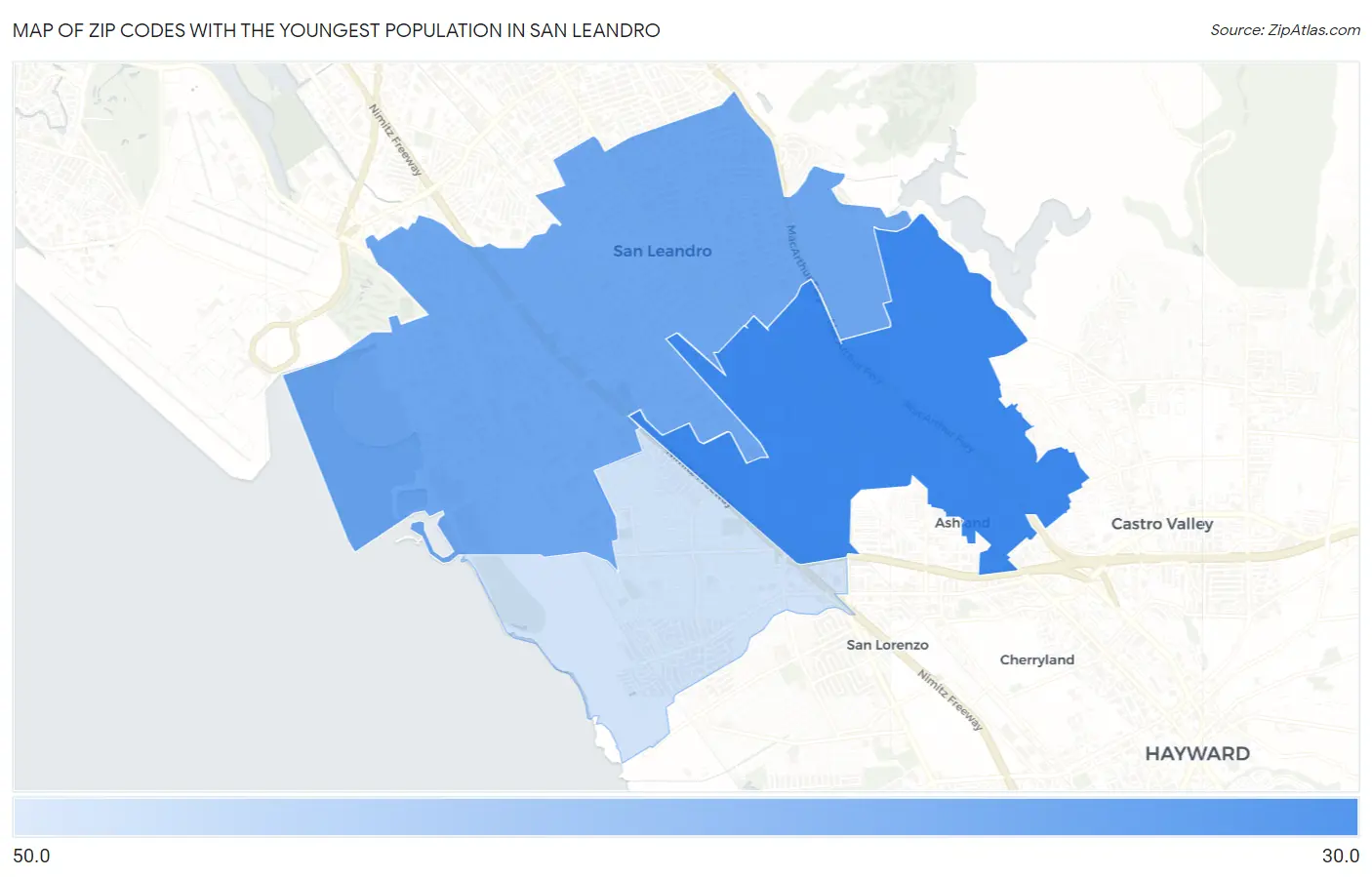 Zip Codes with the Youngest Population in San Leandro Map