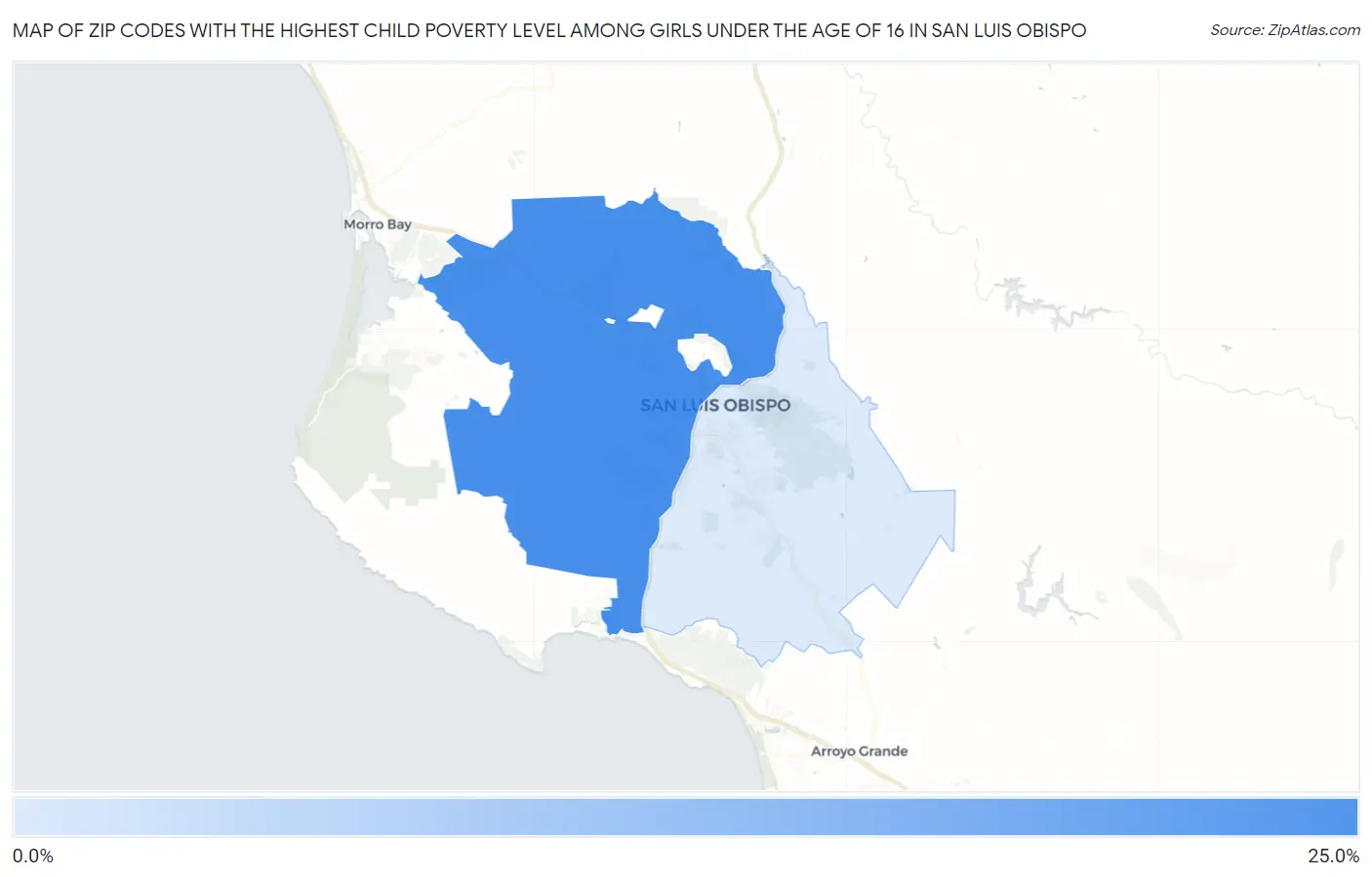 Zip Codes with the Highest Child Poverty Level Among Girls Under the Age of 16 in San Luis Obispo Map