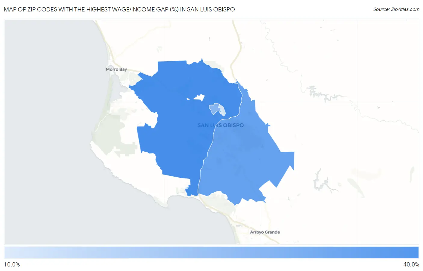 Zip Codes with the Highest Wage/Income Gap (%) in San Luis Obispo Map