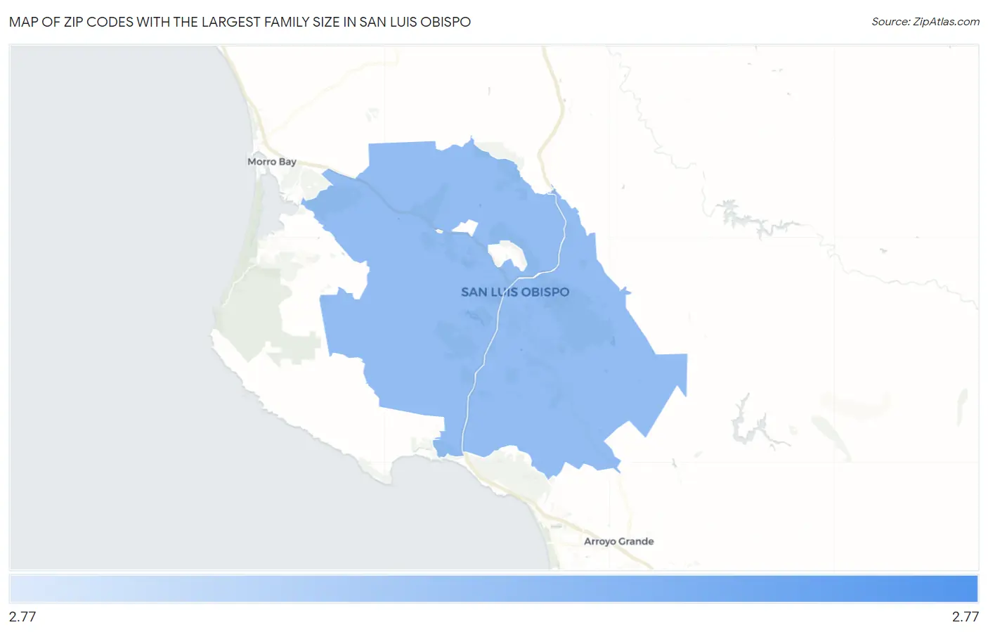 Zip Codes with the Largest Family Size in San Luis Obispo Map