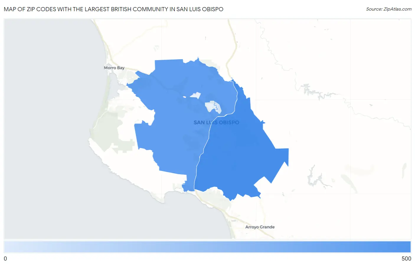 Zip Codes with the Largest British Community in San Luis Obispo Map