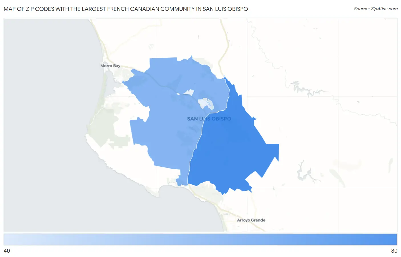 Zip Codes with the Largest French Canadian Community in San Luis Obispo Map