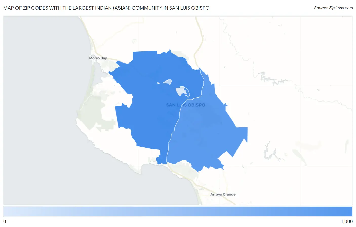 Zip Codes with the Largest Indian (Asian) Community in San Luis Obispo Map
