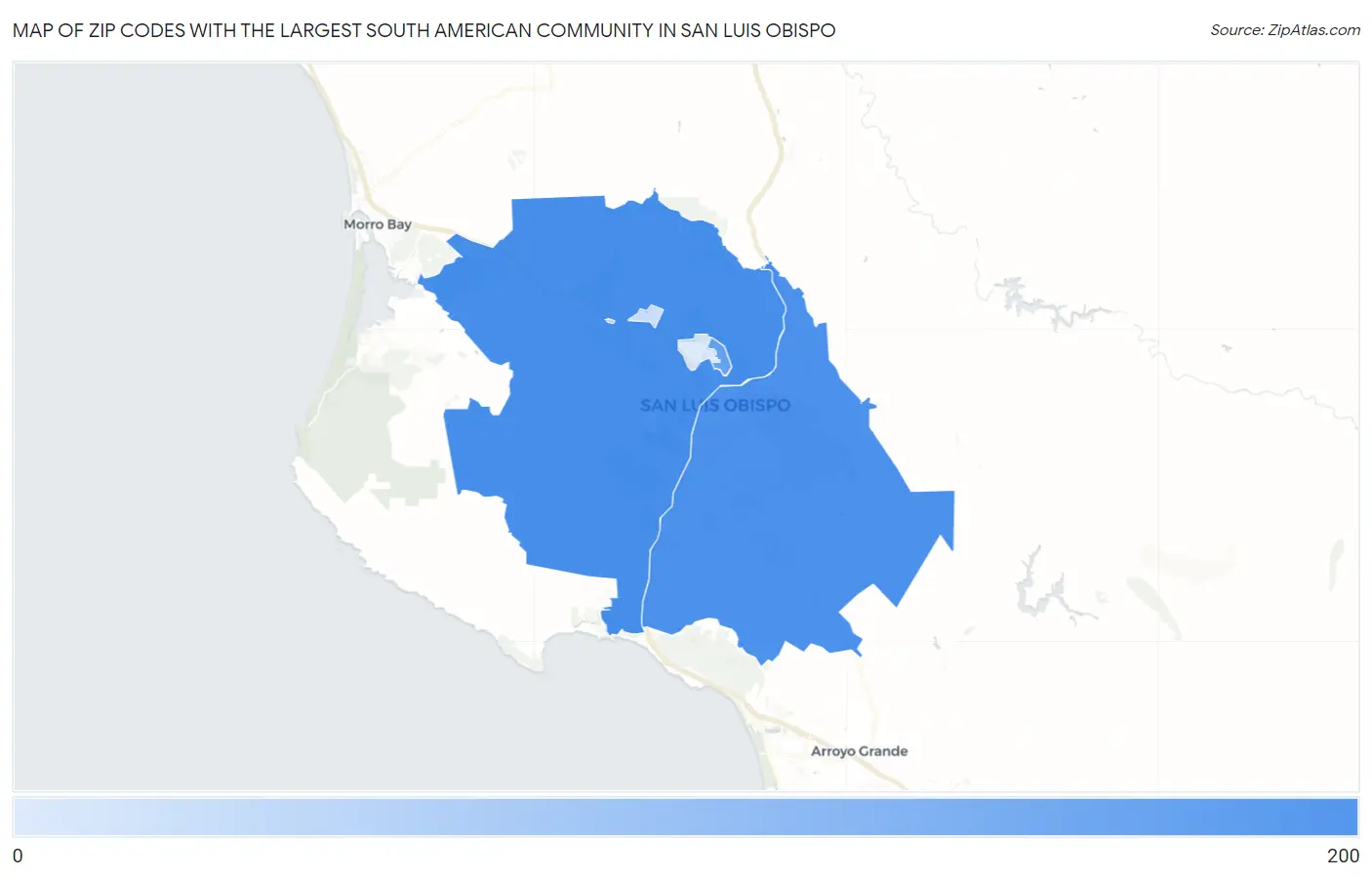 Zip Codes with the Largest South American Community in San Luis Obispo Map