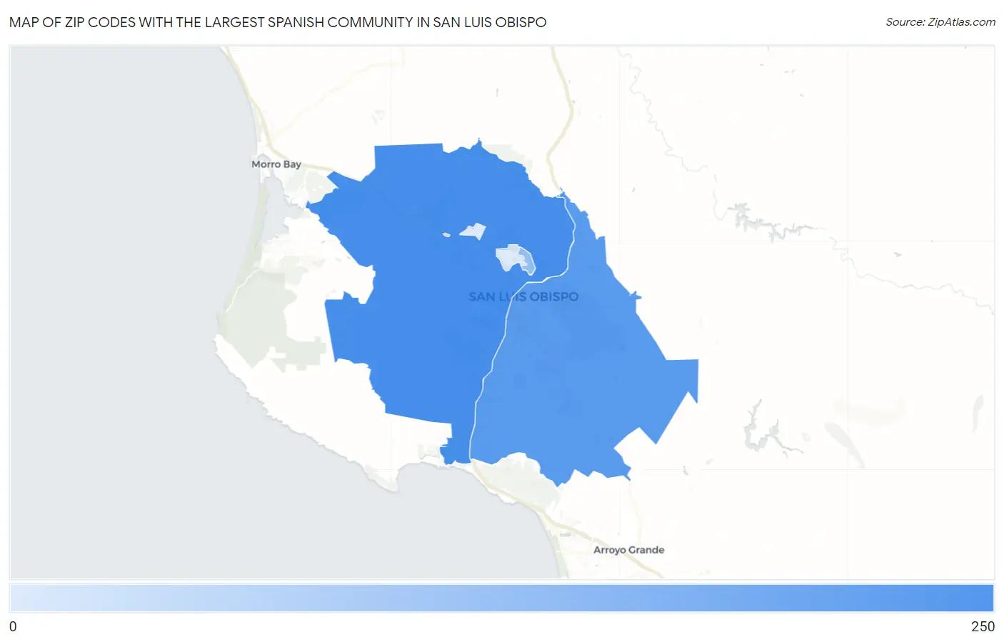 Zip Codes with the Largest Spanish Community in San Luis Obispo Map