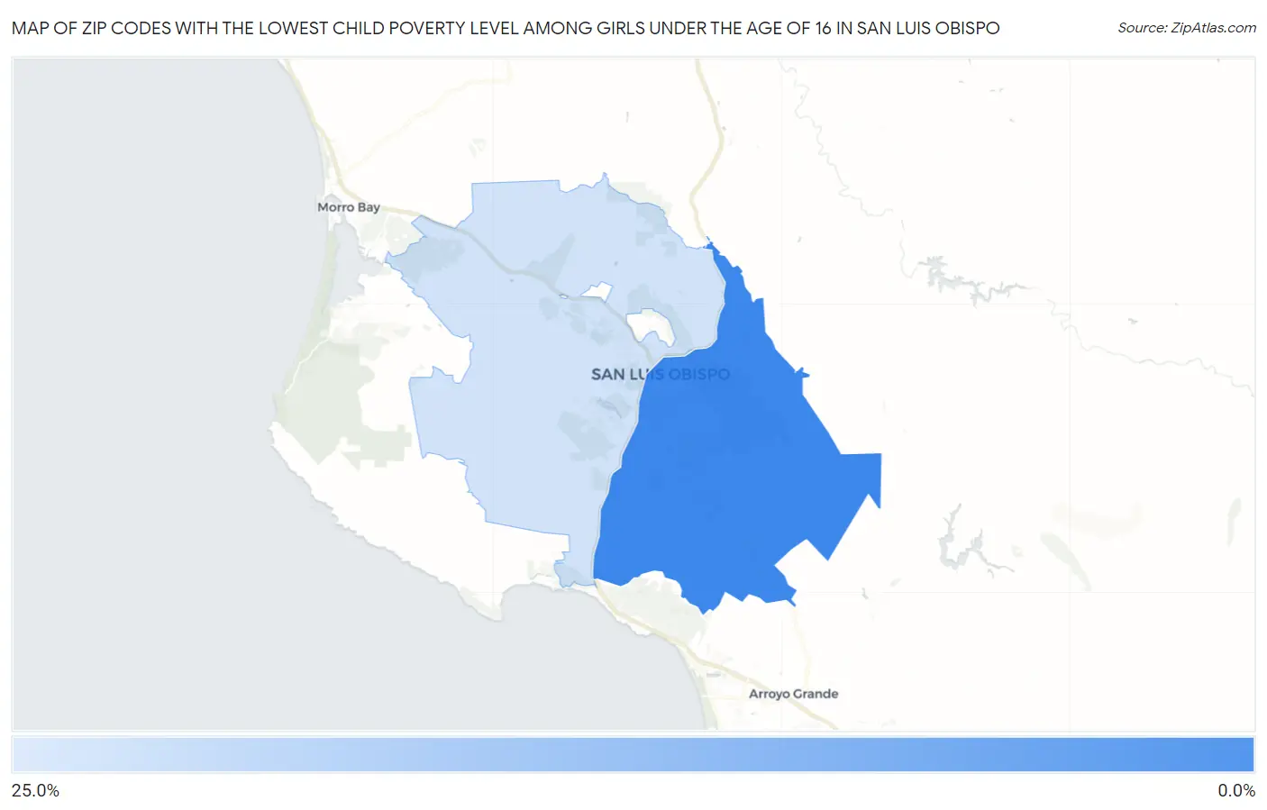 Zip Codes with the Lowest Child Poverty Level Among Girls Under the Age of 16 in San Luis Obispo Map