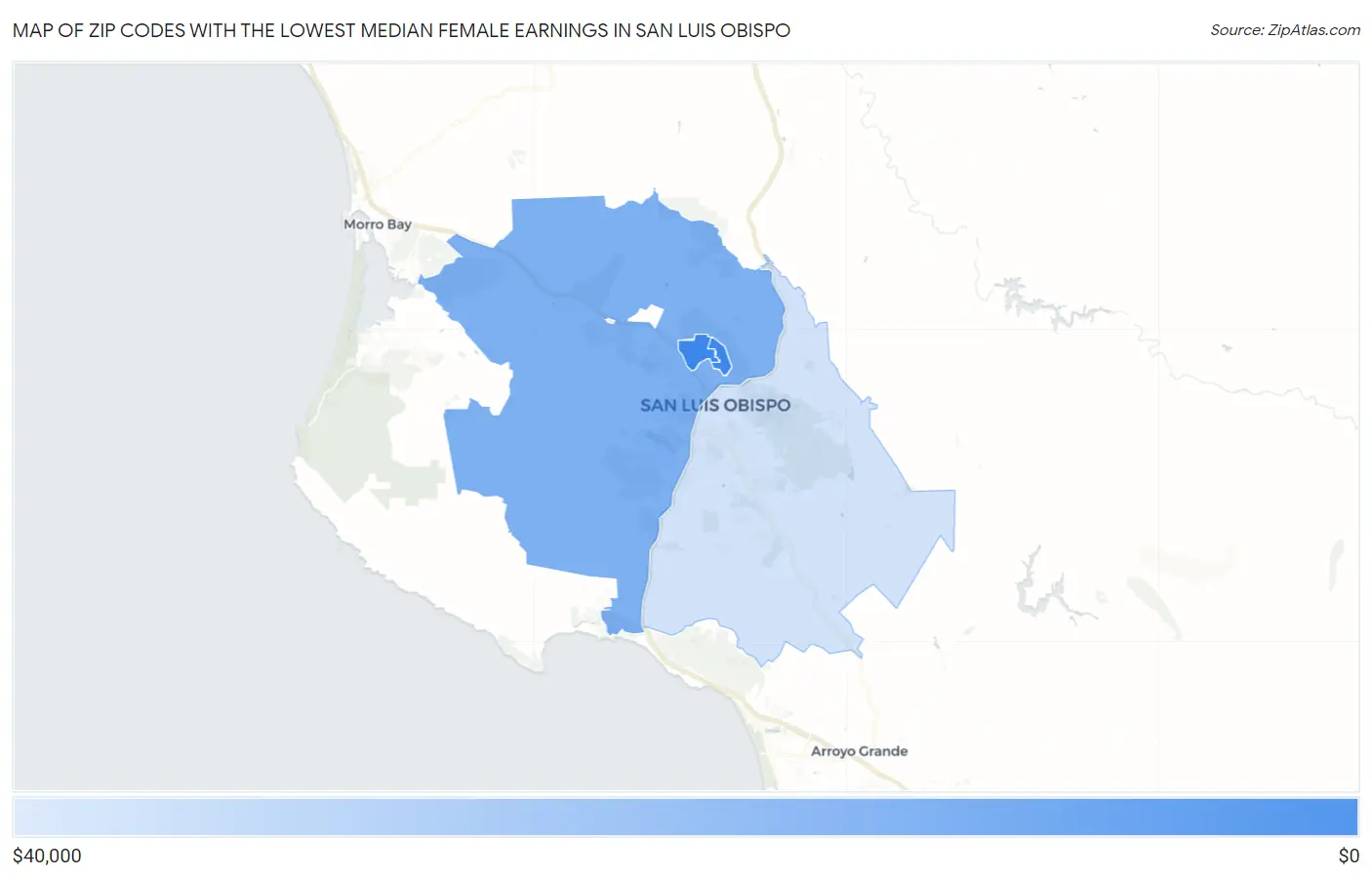 Zip Codes with the Lowest Median Female Earnings in San Luis Obispo Map