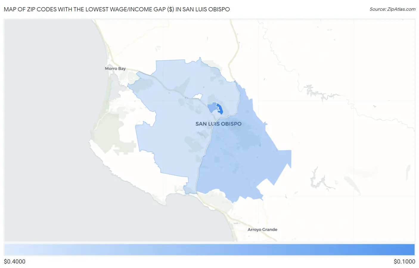 Zip Codes with the Lowest Wage/Income Gap ($) in San Luis Obispo Map