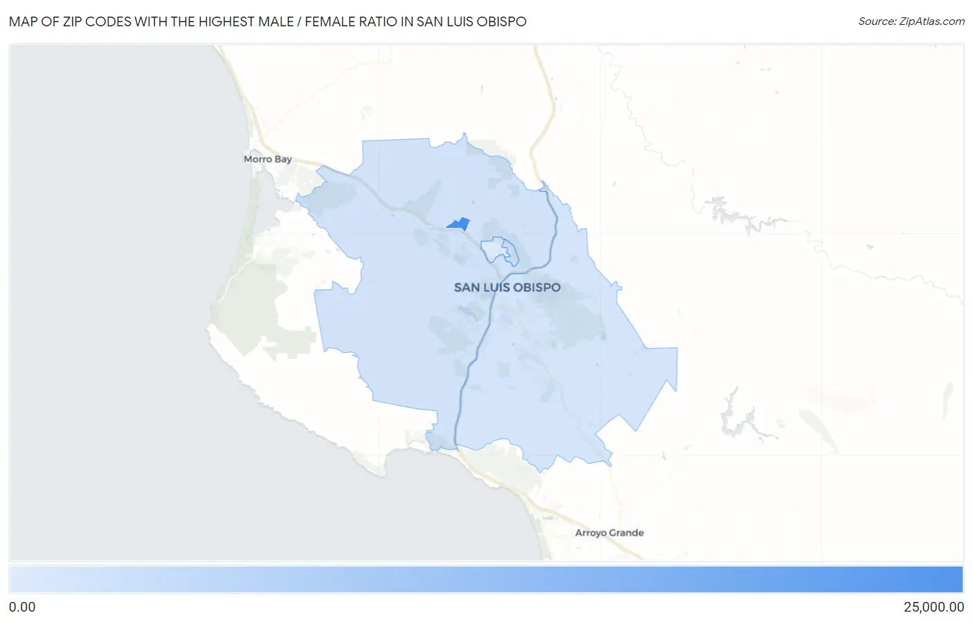Zip Codes with the Highest Male / Female Ratio in San Luis Obispo Map