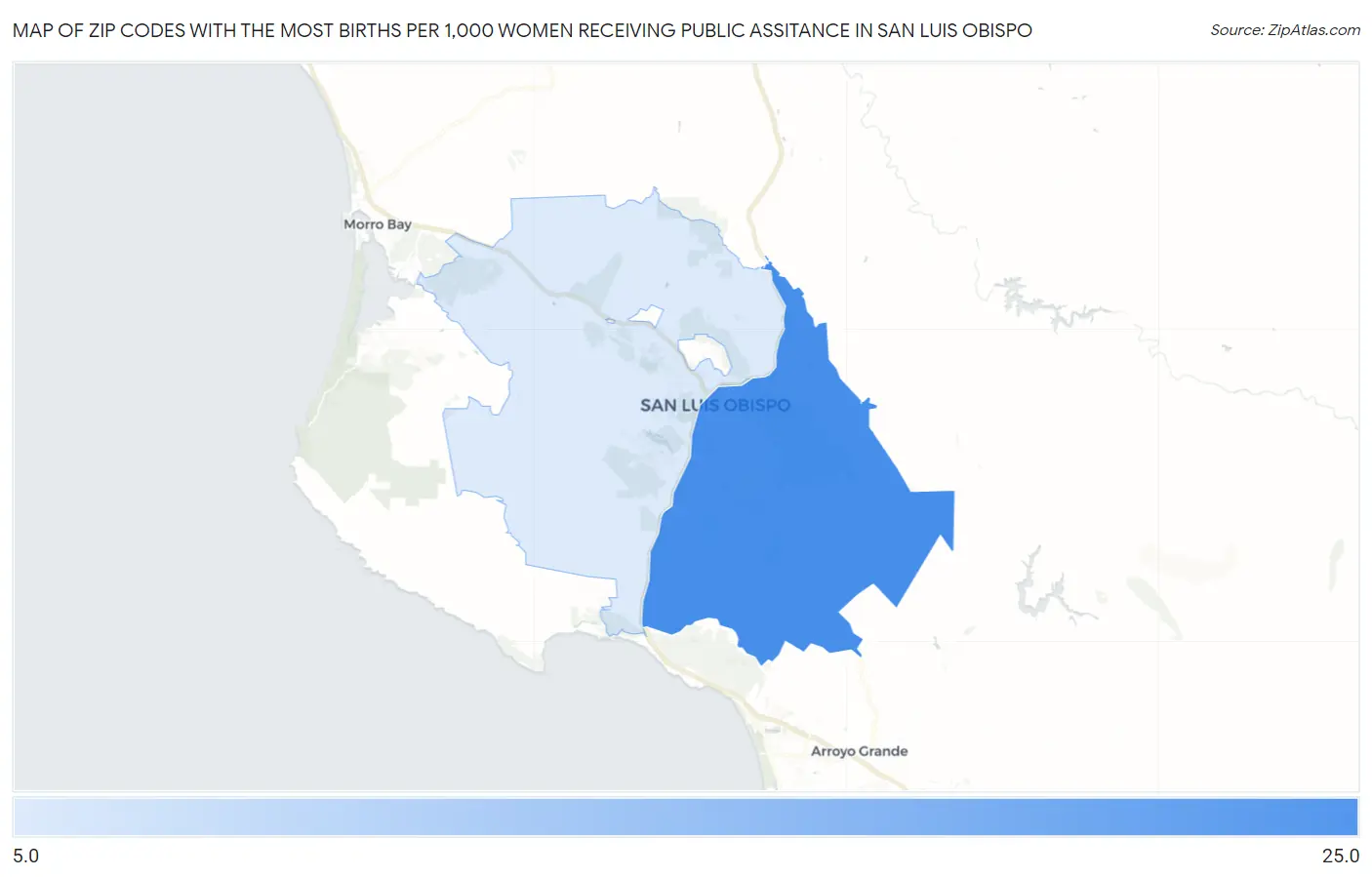 Zip Codes with the Most Births per 1,000 Women Receiving Public Assitance in San Luis Obispo Map