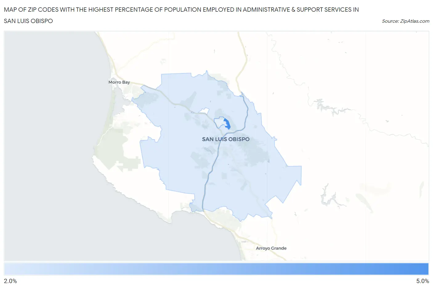 Zip Codes with the Highest Percentage of Population Employed in Administrative & Support Services in San Luis Obispo Map