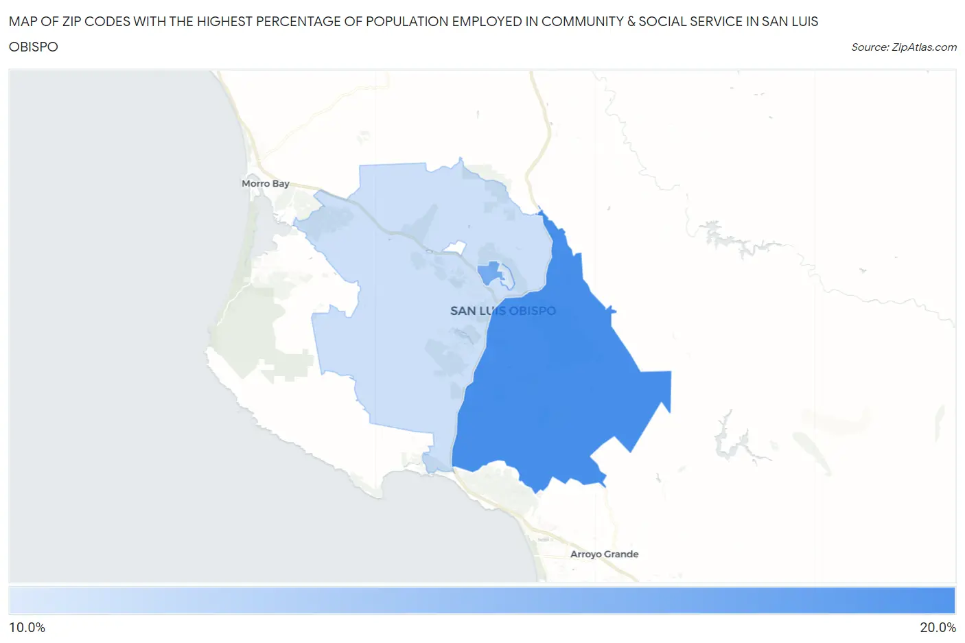 Zip Codes with the Highest Percentage of Population Employed in Community & Social Service  in San Luis Obispo Map