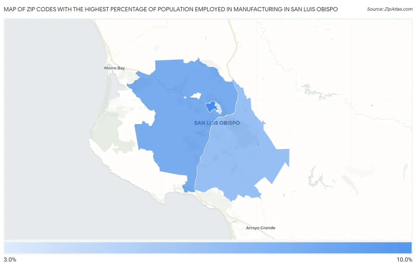 Zip Codes with the Highest Percentage of Population Employed in Manufacturing in San Luis Obispo Map