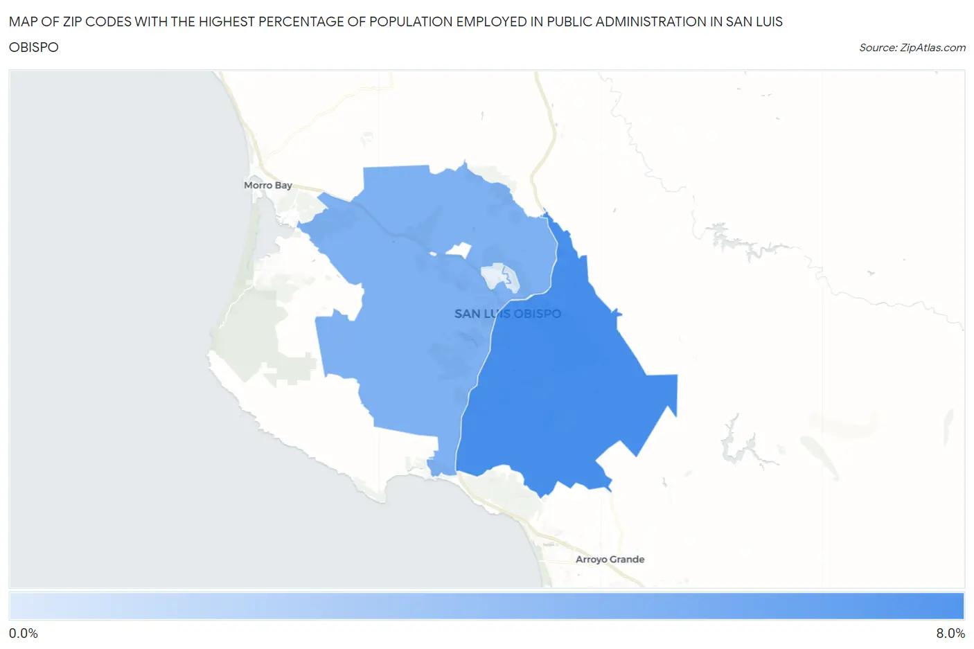 Zip Codes with the Highest Percentage of Population Employed in Public Administration in San Luis Obispo Map